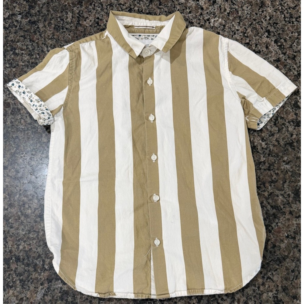 Denim & Flower Kids Tan White Striped Short Sleeve Button Down Shirt Size 8